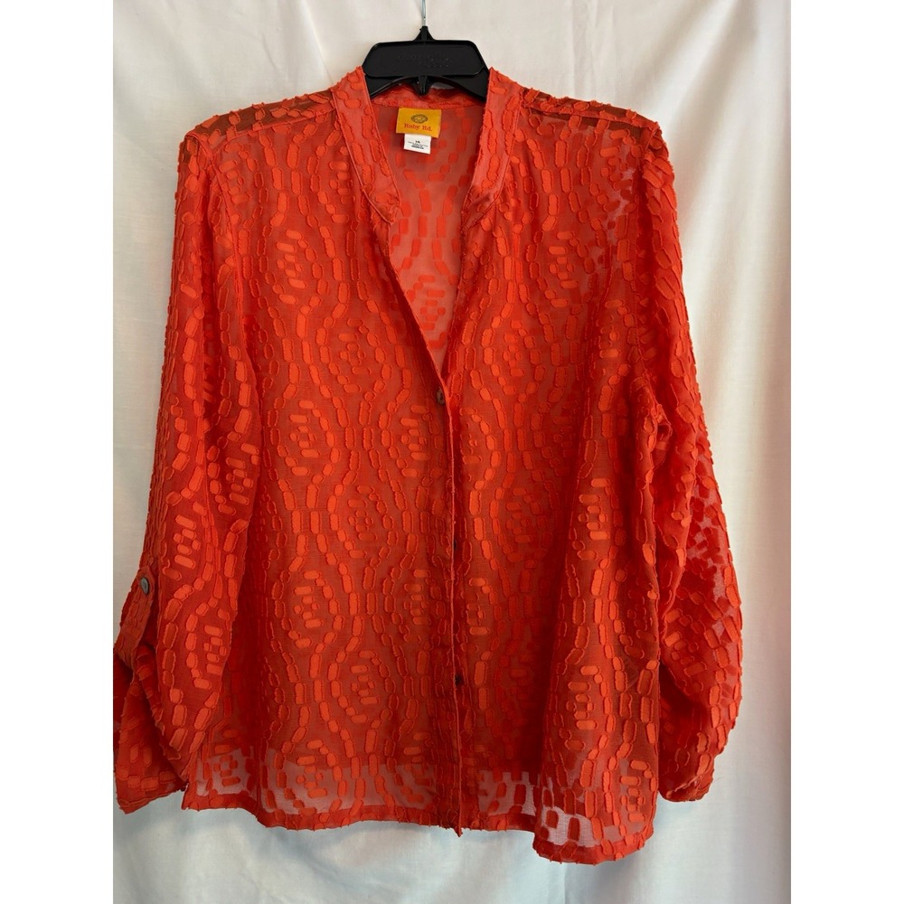 Ruby Rd. Women's Orange Sheer Textured V-Neck Button Front Blouse 14